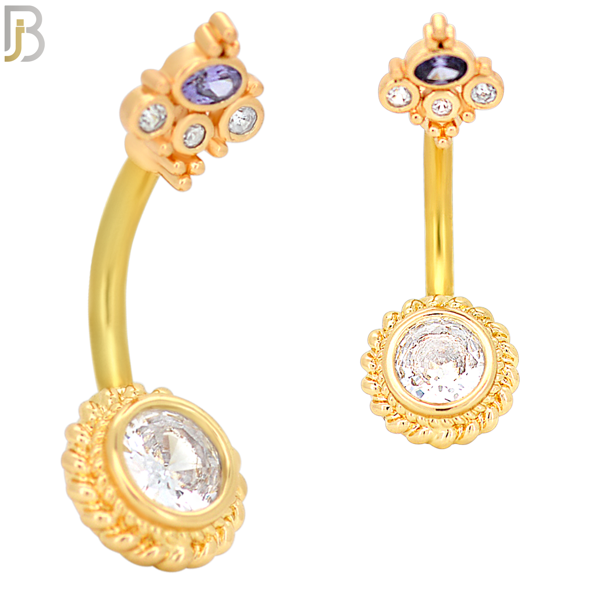 NB29 - 316L Stainless Steel Round Flower with CZ and Top Crown Banana Belly Navel Ring image 2