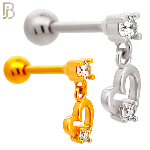 TB107 - 316L Stainless Steel Dangling Hollow Heart with CZ Tragus/Cartilage Barbell with Screw Ball Backing (PACK OF 6) image 0