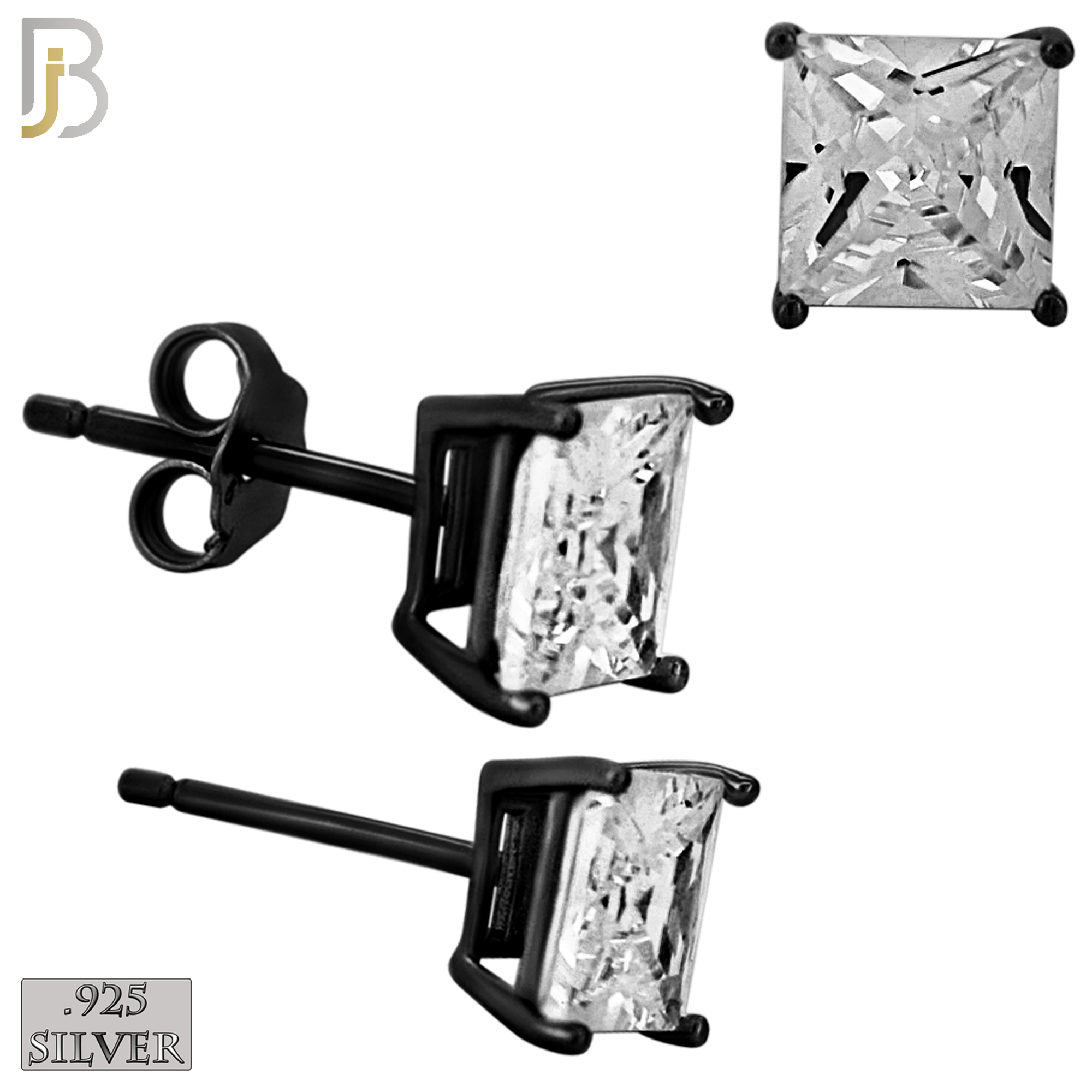 925-ES72-KC - .925 Sterling Silver Black Plated Earring Stud Casting Square Princess Cut Prong Setting Clear Zircon image 5