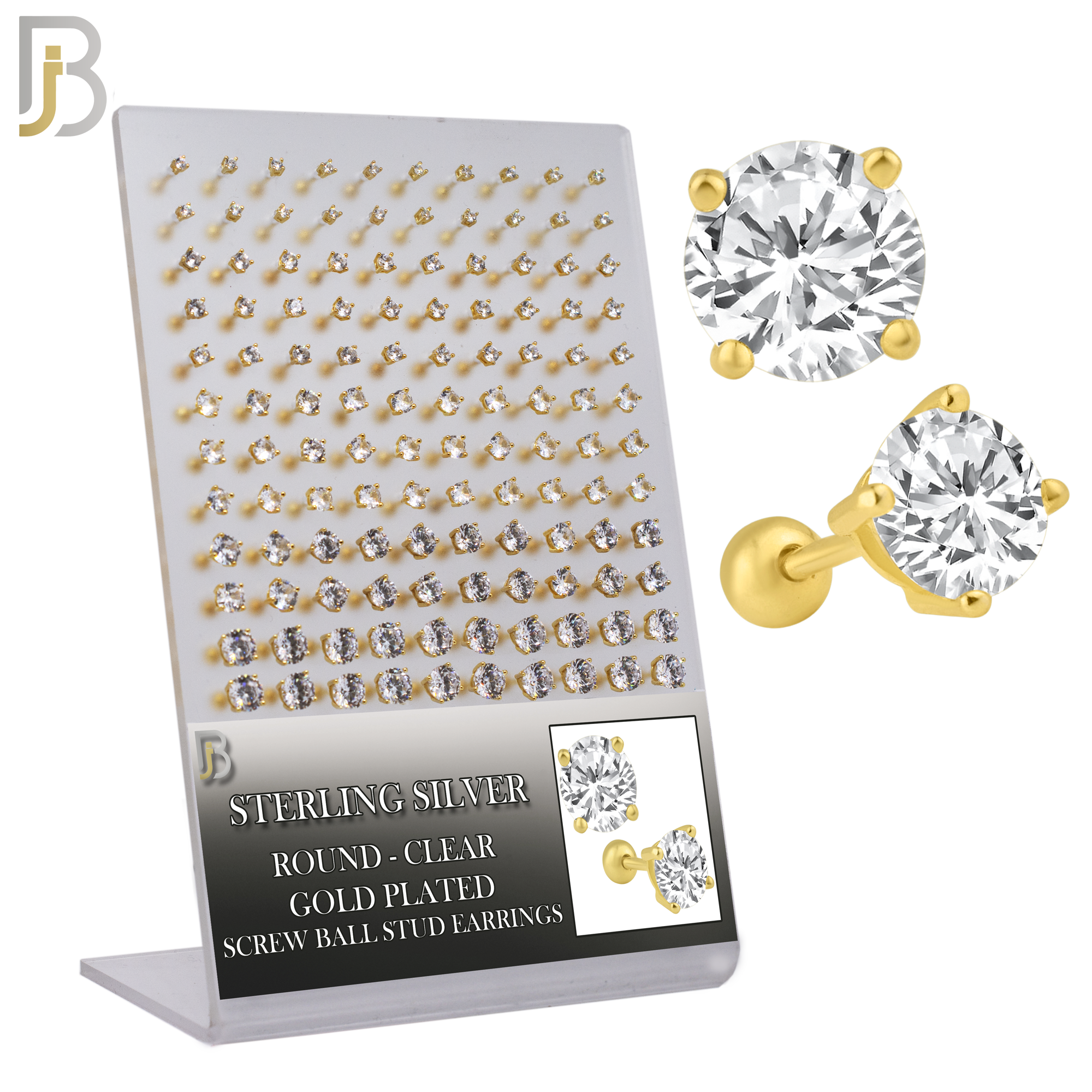 925-PK-ES311-GC - .925 Sterling Silver Earring Stud with Screw Ball Backing, Casting Prong Setting and Round Clear Zircon image 0