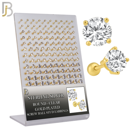 925-PK-ES311-GC - .925 Sterling Silver Earring Stud with Screw Ball Backing, Casting Prong Setting and Round Clear Zircon image 0