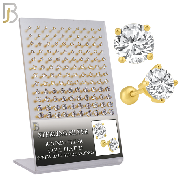 925-PK-ES311-GC - .925 Sterling Silver Earring Stud with Screw Ball Backing, Casting Prong Setting and Round Clear Zircon image 0