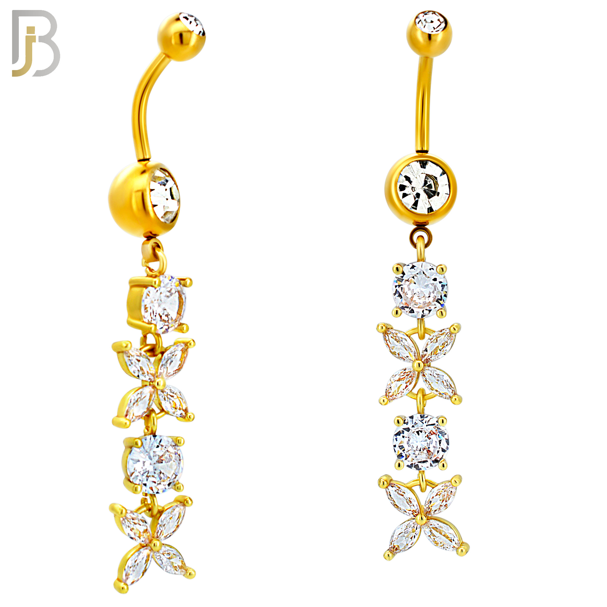 N0144 - Steel - 316L Surgical Steel Dangling Flower with Multi CZ Belly Ring image 3