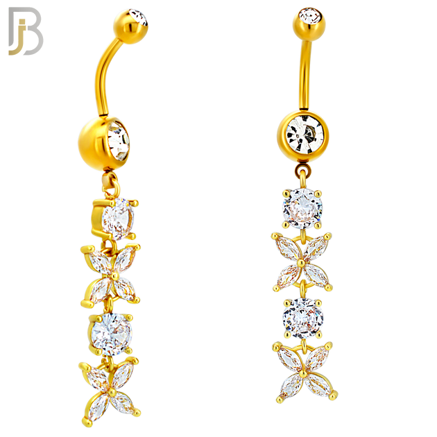 N0144 - Steel - 316L Surgical Steel Dangling Flower with Multi CZ Belly Ring image 3
