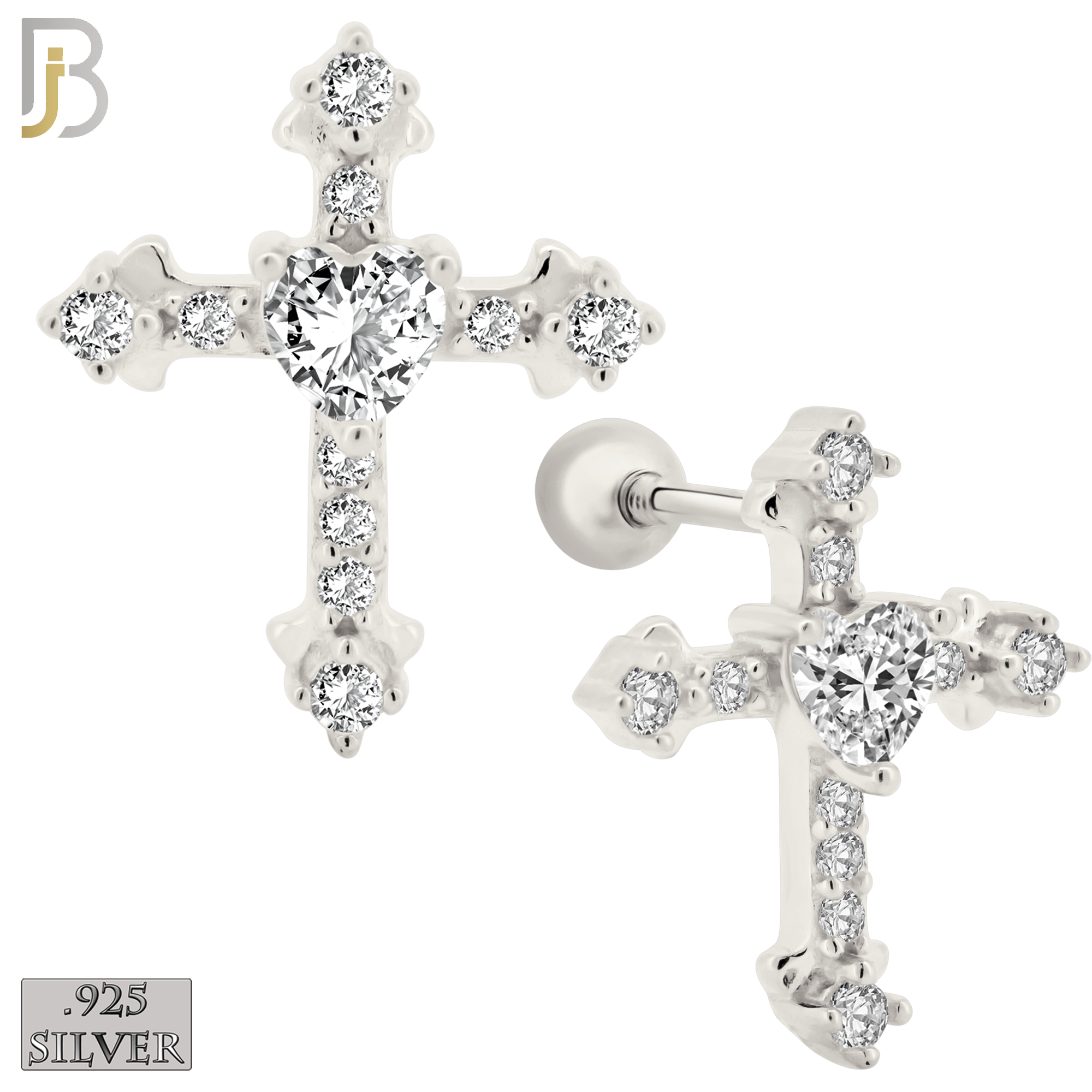 925-ES269 - Screw Ball Back - .925 Sterling Silver Cross with Prong Set Heart Shaped Zircon Center Stone Earrings Stud image 1
