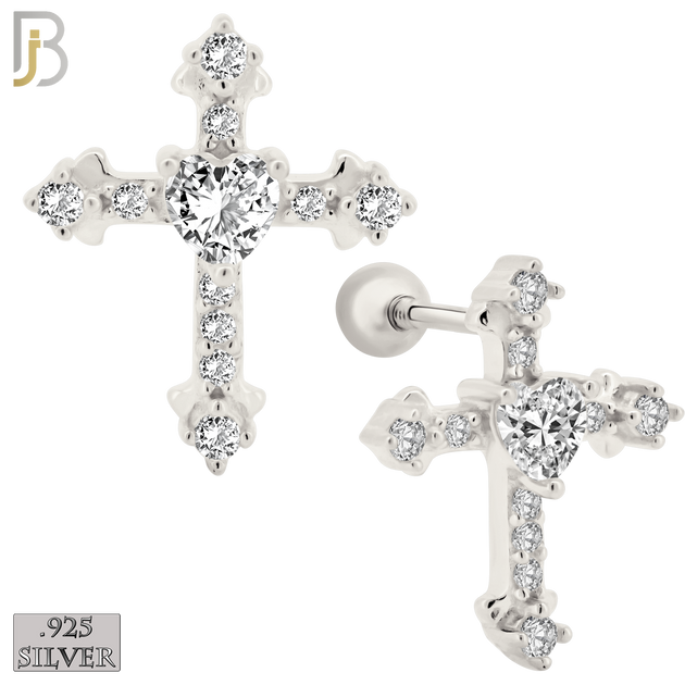925-ES269 - Screw Ball Back - .925 Sterling Silver Cross with Prong Set Heart Shaped Zircon Center Stone Earrings Stud image 1