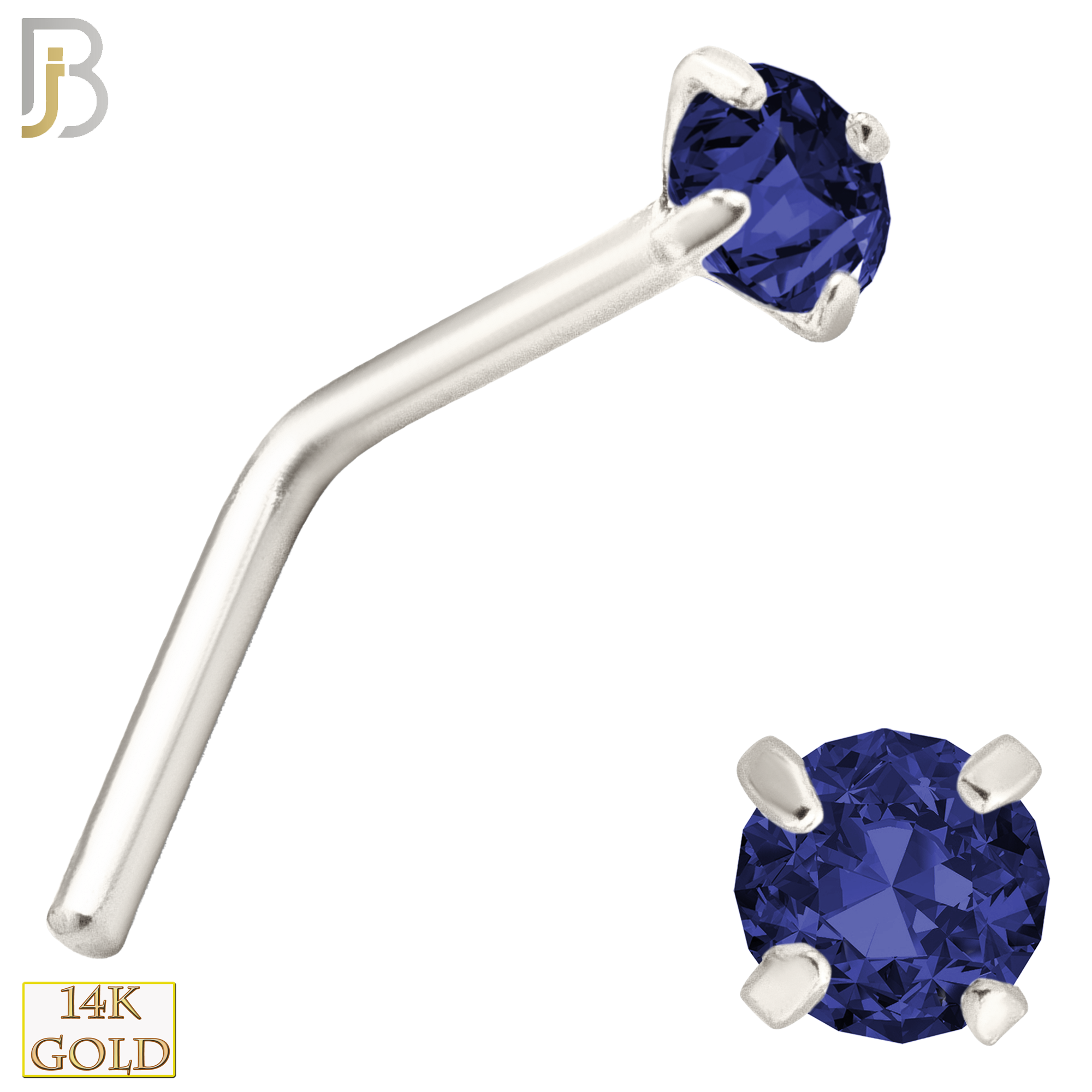 14-NR10CWS - 20g 14k White Gold L-Shaped with Blue Sapphire Colored CZ image 2