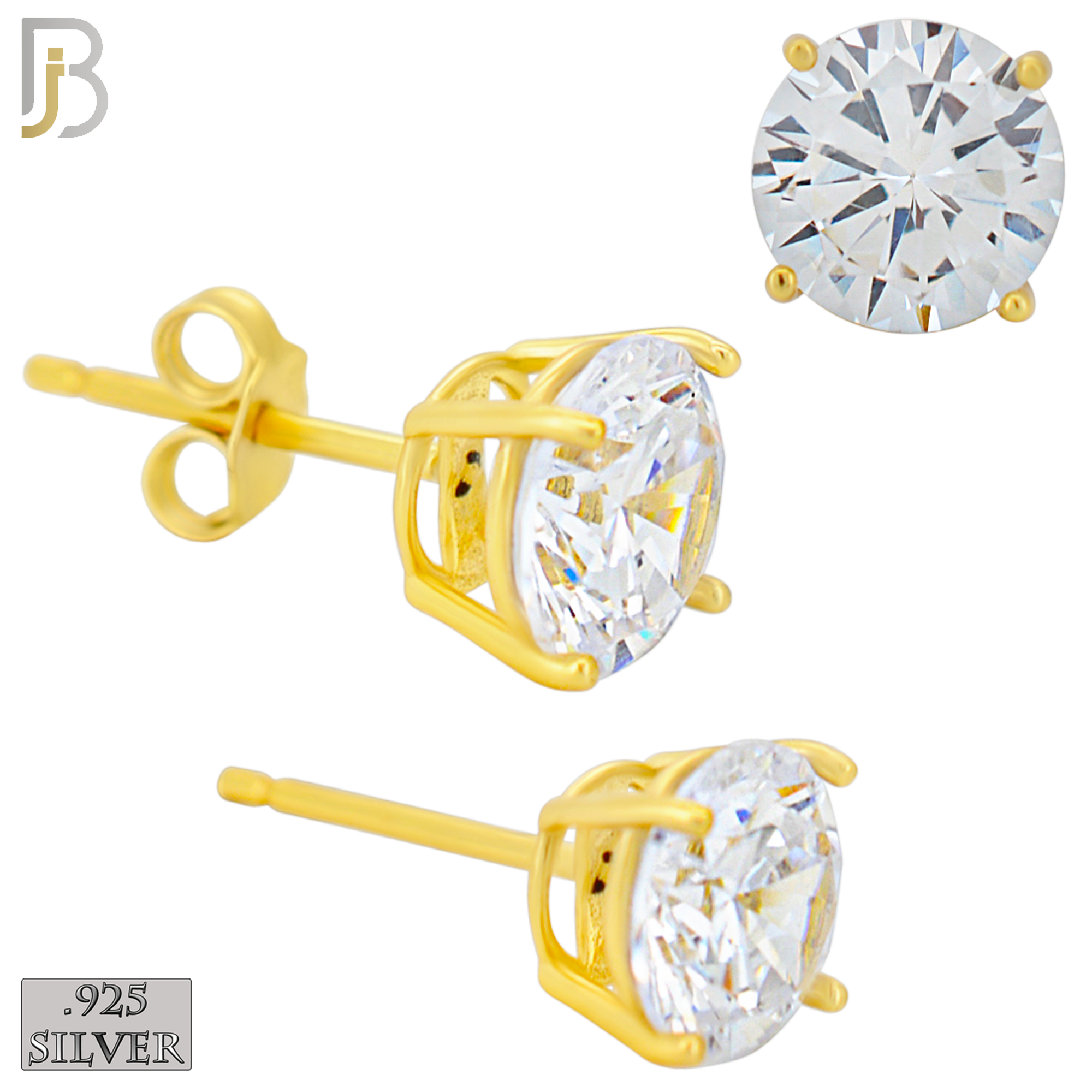 925-ES71-GC - .925 Sterling Silver Gold Plated Earring Stud Casting Round Prong Setting Clear Zircon - 7mm image