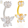 NB60 - 316L Stainless Steel Double Butterfly Banana Belly Ring with Cubic Zirconia image 0