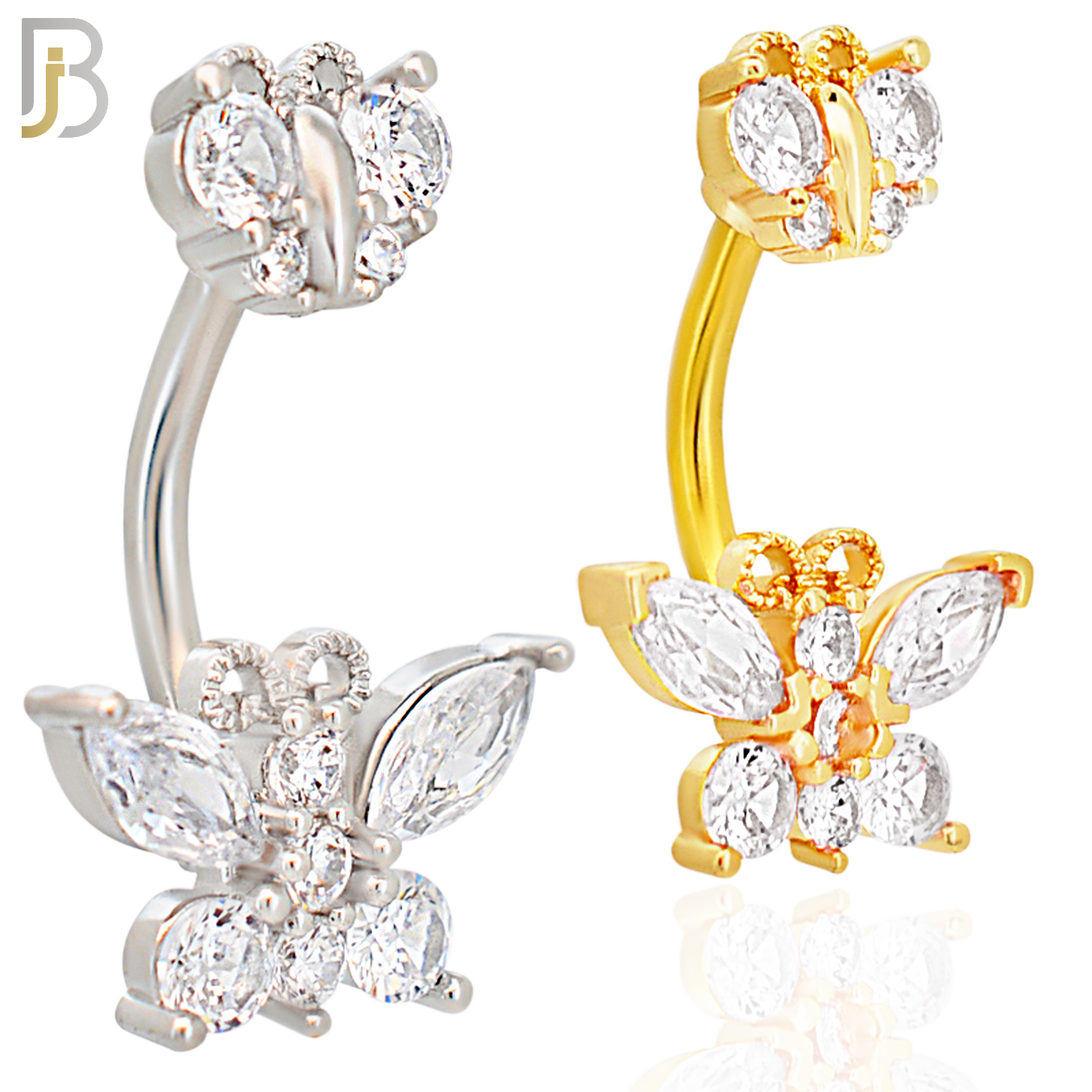 NB60 - 316L Stainless Steel Double Butterfly Banana Belly Ring with Cubic Zirconia image 0