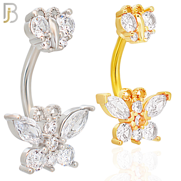 NB60 - 316L Stainless Steel Double Butterfly Banana Belly Ring with Cubic Zirconia image 0