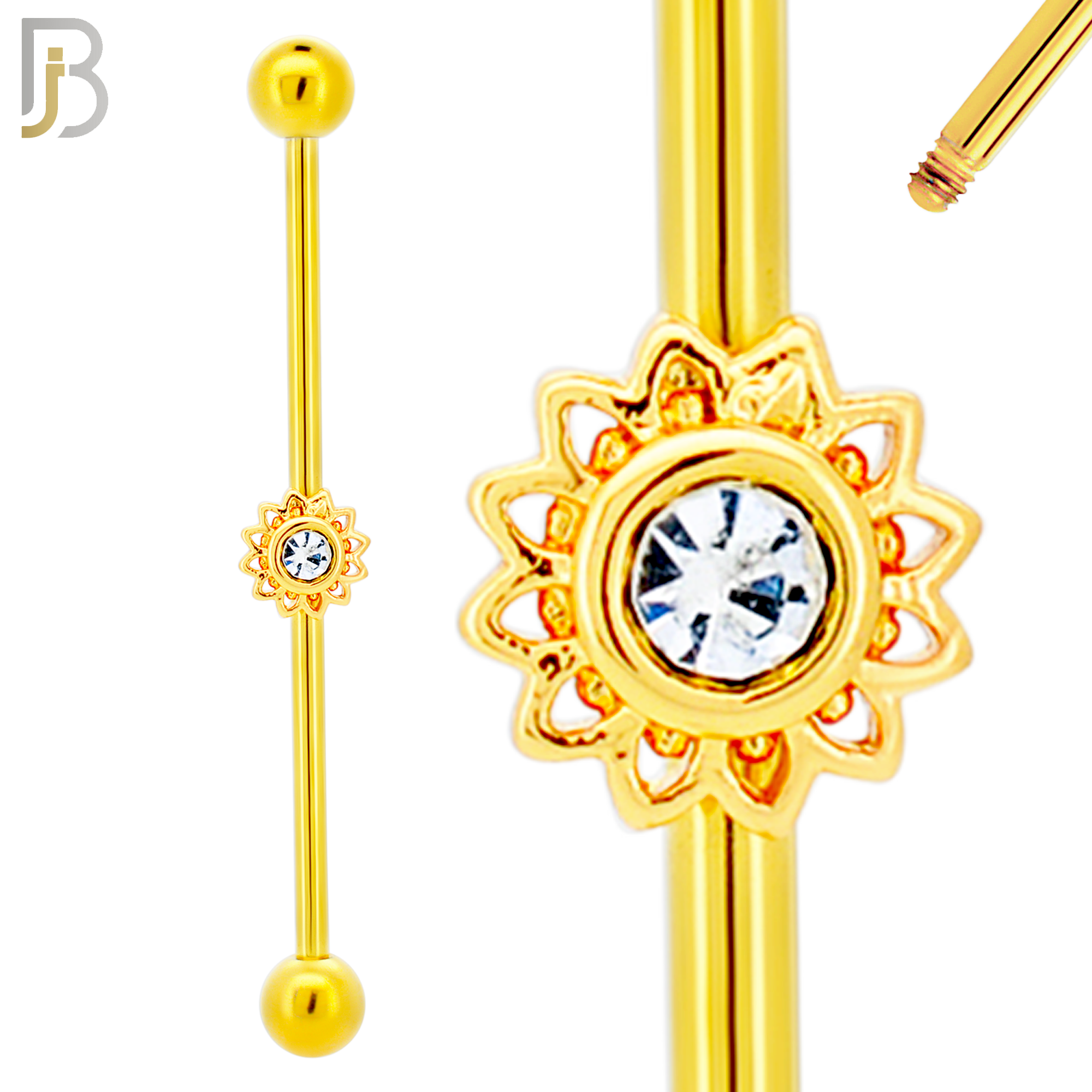 BB24 - 316L Surgical Steel Screw Bar with Brass Flower Design Barbell Industrial (PACK OF 4) image 2