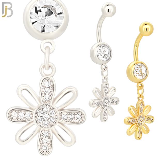 N044 - 316L Stainless Steel Dangling Flower Design Belly Ring with 4mm Screw Ball image 0