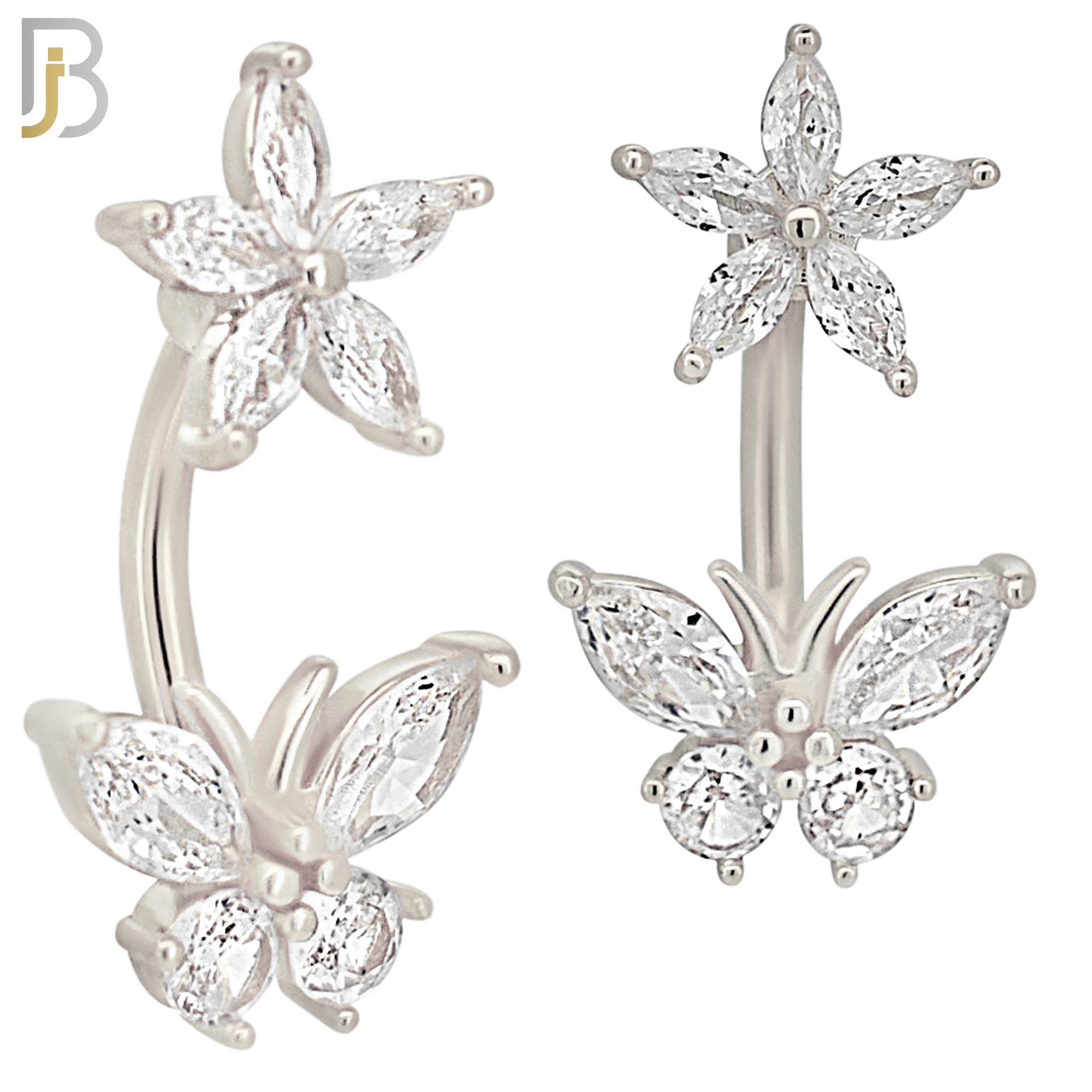 NB67 - 316L Stainless Steel Banana Belly Ring with Flower and Butterfly Cubic Zirconia image 1