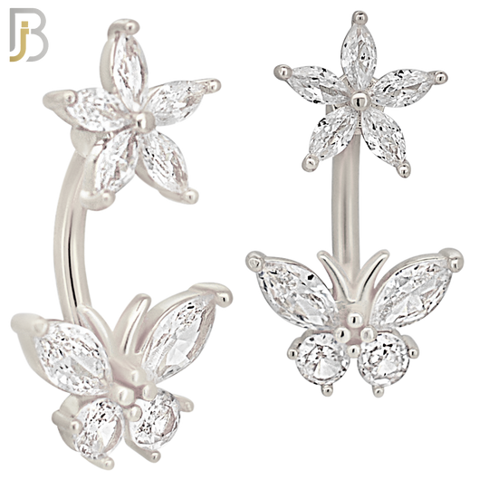 NB67 - 316L Stainless Steel Banana Belly Ring with Flower and Butterfly Cubic Zirconia image 1