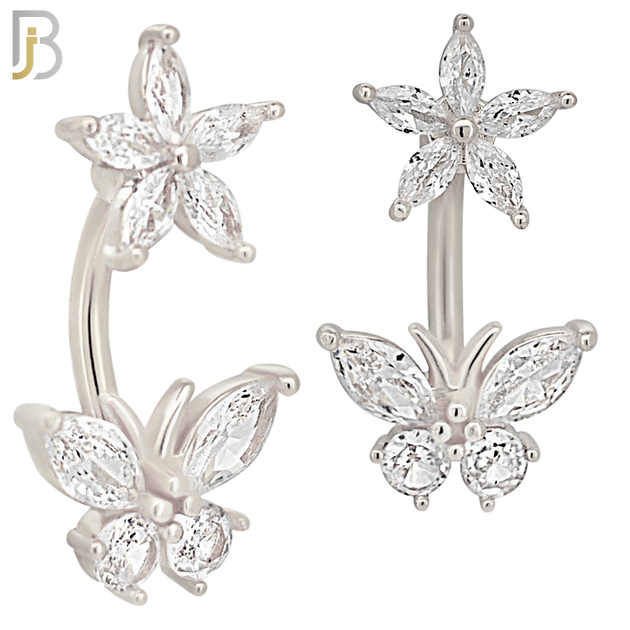 NB67 - 316L Stainless Steel Banana Belly Ring with Flower and Butterfly Cubic Zirconia image 1