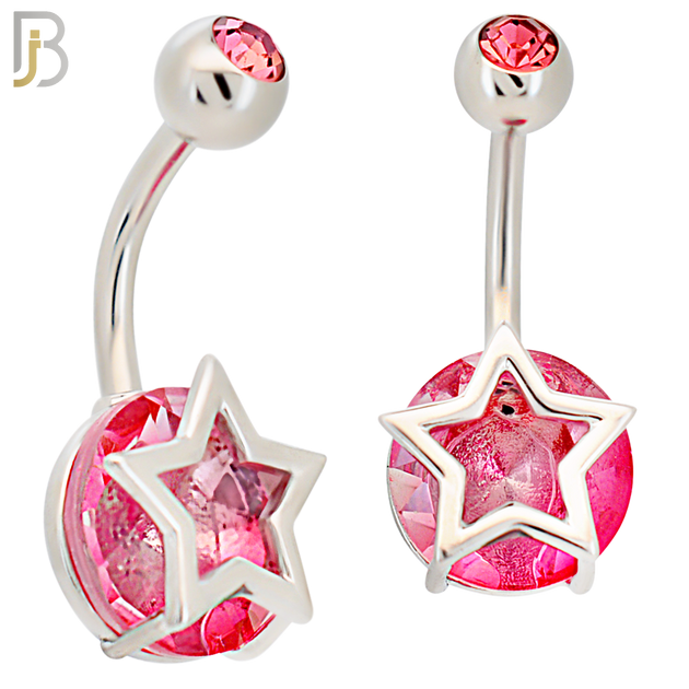 NB81 - 316L Stainless Steel Round Shaped CZ and Hollow Star Strap Frame Belly Ring image 0