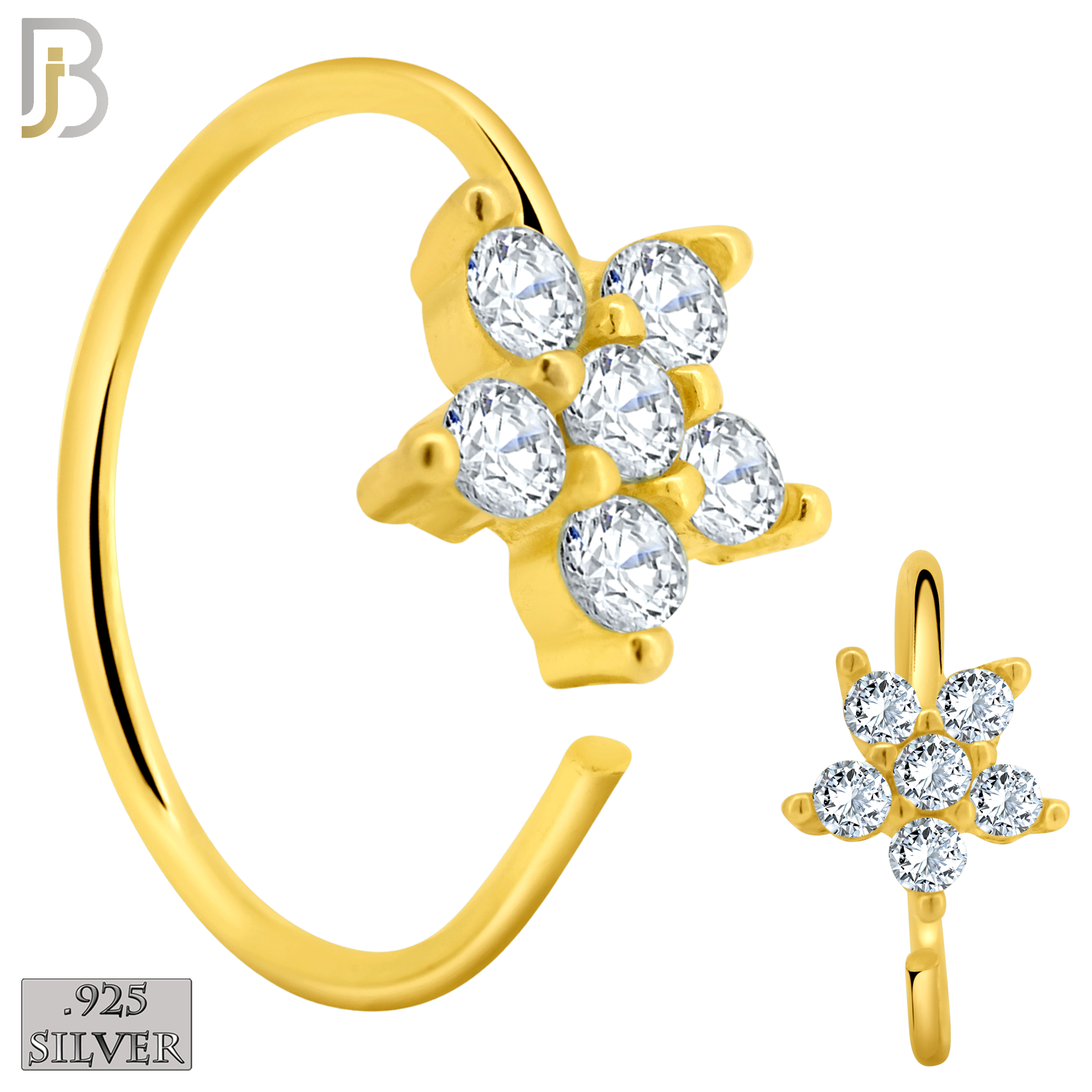 925-CT27 - 925 Sterling Silver Five Petal Star Shaped Flower Design Nose Hoops 22g Thick 8mm wide (Pack of 6) image 1