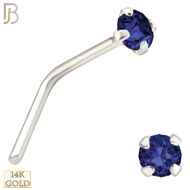 14-NR10CWS - 20g 14k White Gold L-Shaped with Blue Sapphire Colored CZ - 1.5mm image