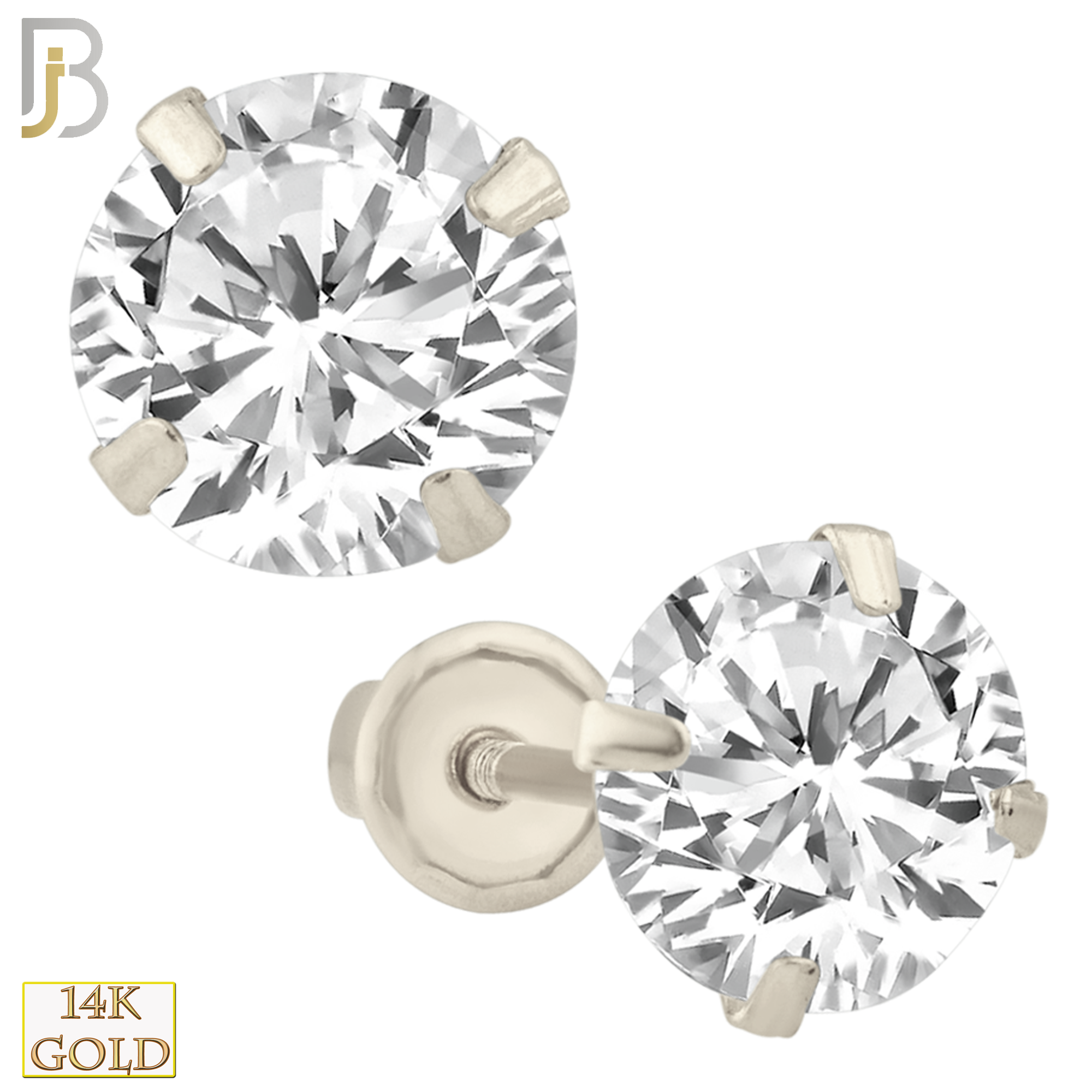 14-ES38RWC - 14k White Gold Screw Back Stud Earrings Stamping Prong Setting with Round Clear Zircon image 1