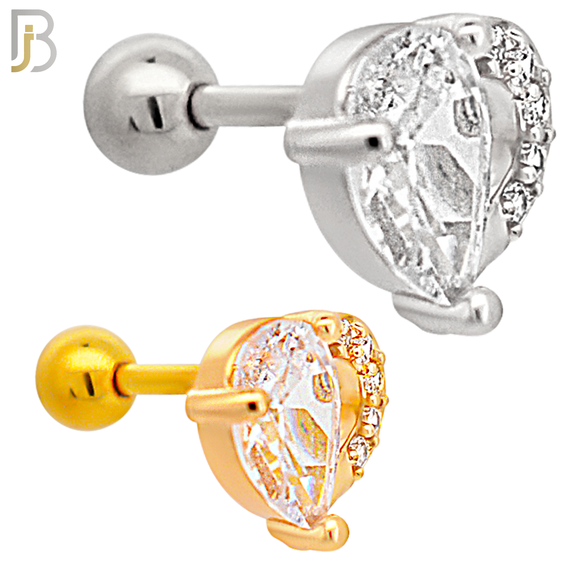 TB102 - 316L Stainless Steel Heart with Pear Shape CZ Tragus/Cartilage Barbell (PACK OF 6) image 0