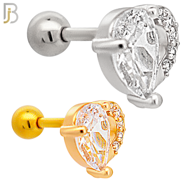 TB102 - 316L Stainless Steel Heart with Pear Shape CZ Tragus/Cartilage Barbell (PACK OF 6) image 0