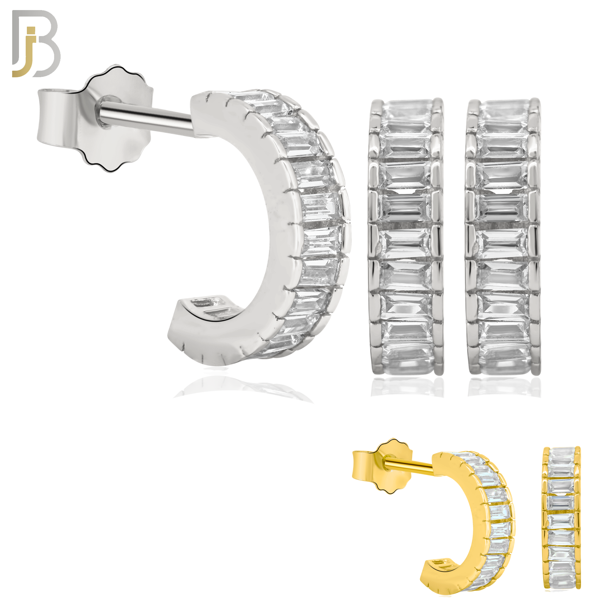 925-ES248 - .925 Sterling Silver Half Hoop Stud Earrings with Baguette Zircon image 0