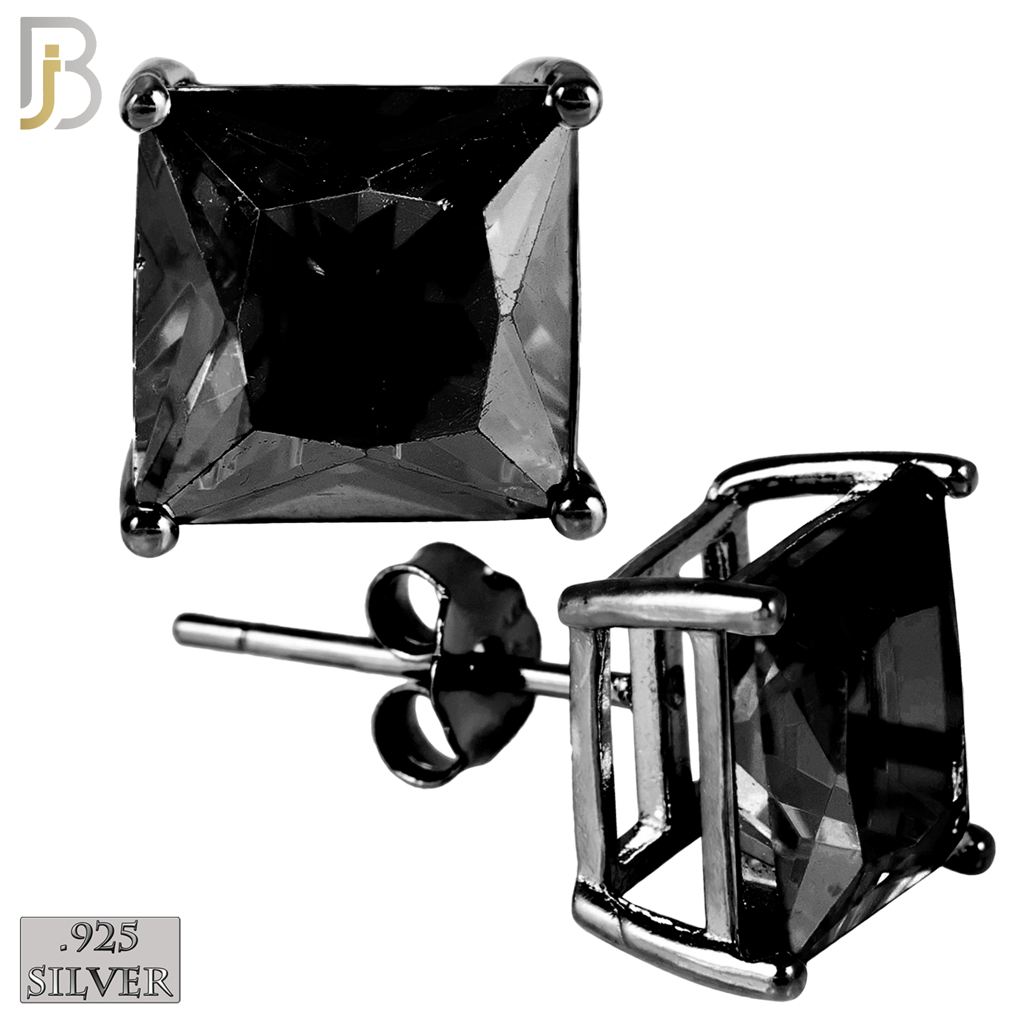 925-ES72-KK - .925 Sterling Silver Black Plated Earring Stud Casting Square Princess Cut Prong Setting Black Zircon image 0