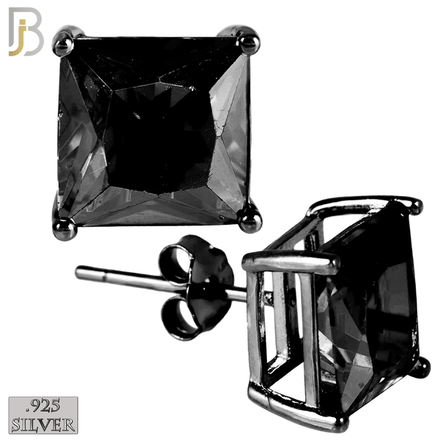 925-ES72-KK - .925 Sterling Silver Black Plated Earring Stud Casting Square Princess Cut Prong Setting Black Zircon image 0