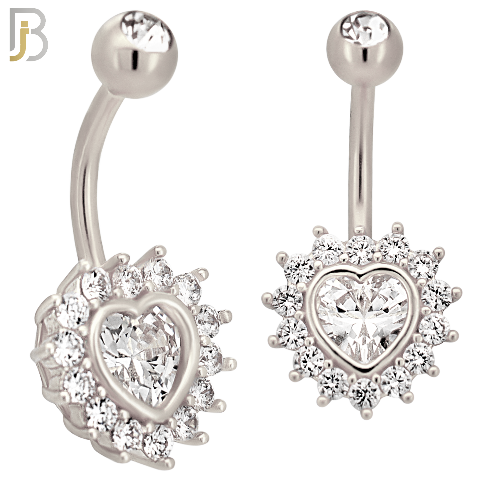 NB47 - 316L Stainless Heart Shaped CZ Center Surrounded with Round CZ Banana Belly Navel Ring image 1