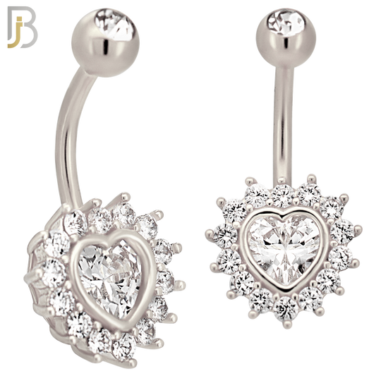 NB47 - 316L Stainless Heart Shaped CZ Center Surrounded with Round CZ Banana Belly Navel Ring image 1