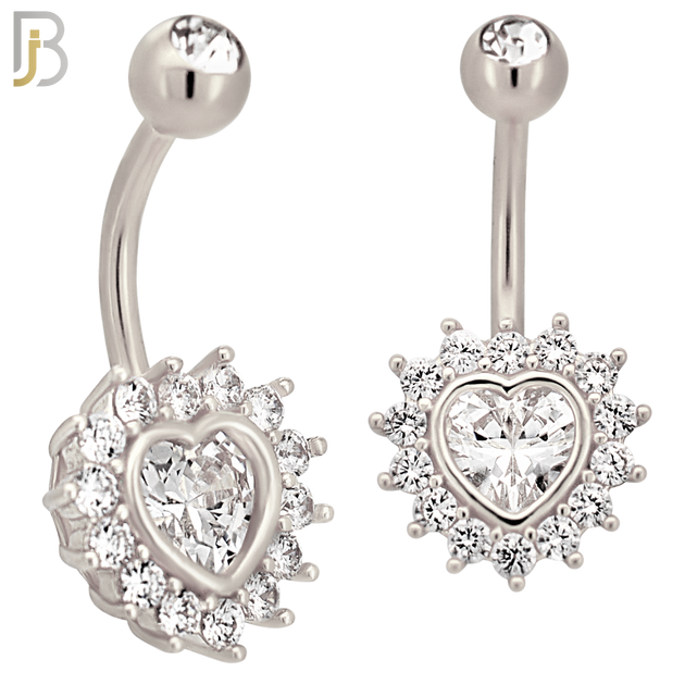NB47 - 316L Stainless Heart Shaped CZ Center Surrounded with Round CZ Banana Belly Navel Ring image 1