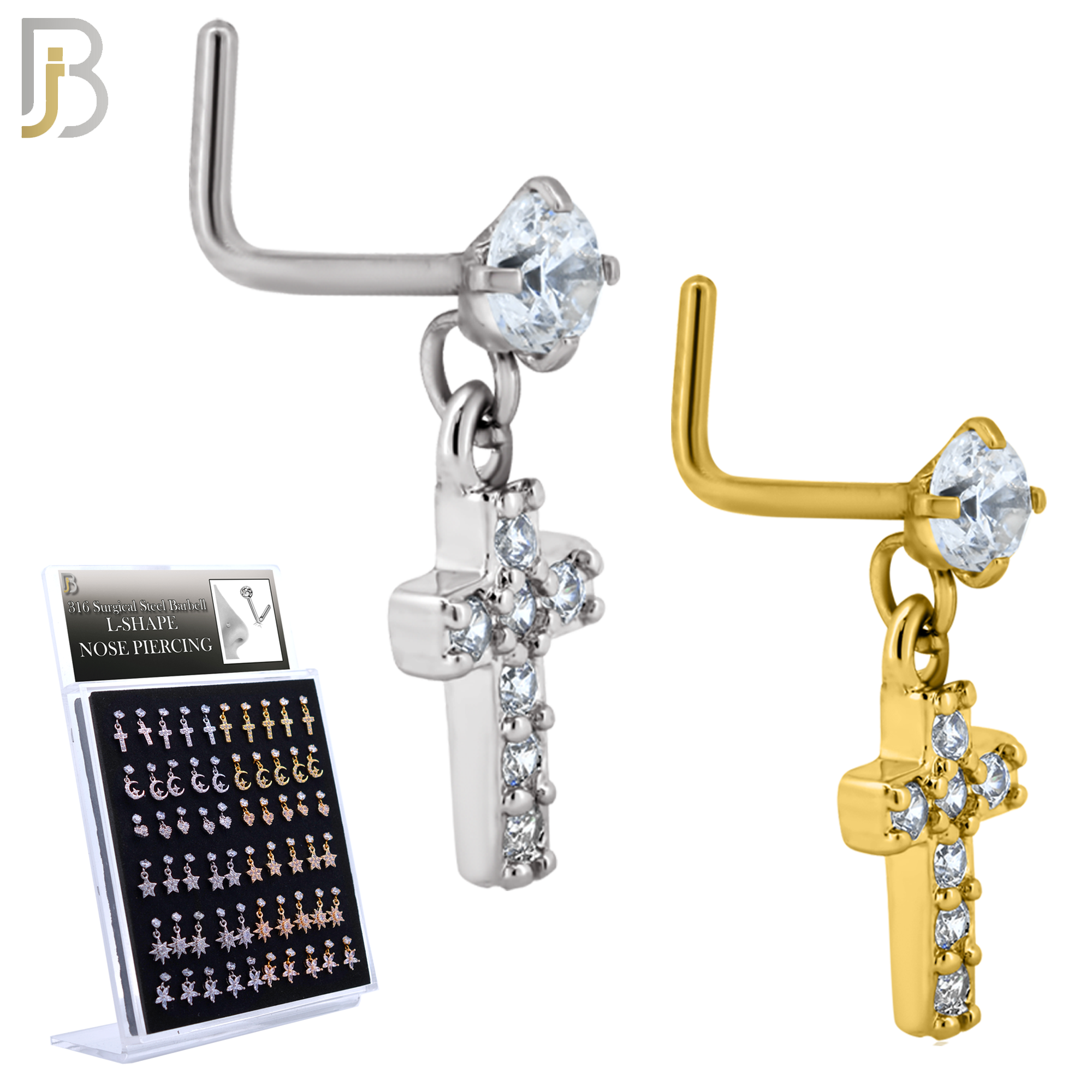 PK-NRMX07L-SG3 - 316 Surgical Steel L-Shape Nose Ring with Six Different Designs - Pack of 60 pcs - Assorted image