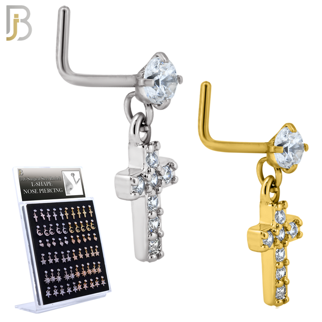 PK-NRMX07L-SG3 - 316 Surgical Steel L-Shape Nose Ring with Six Different Designs - Pack of 60 pcs - Assorted image