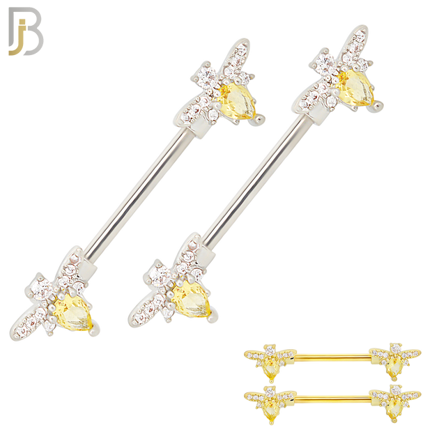 NP57 - 316L Surgical Steel Honey Bee Design Nipple Rings Pair Externally Threaded image 0