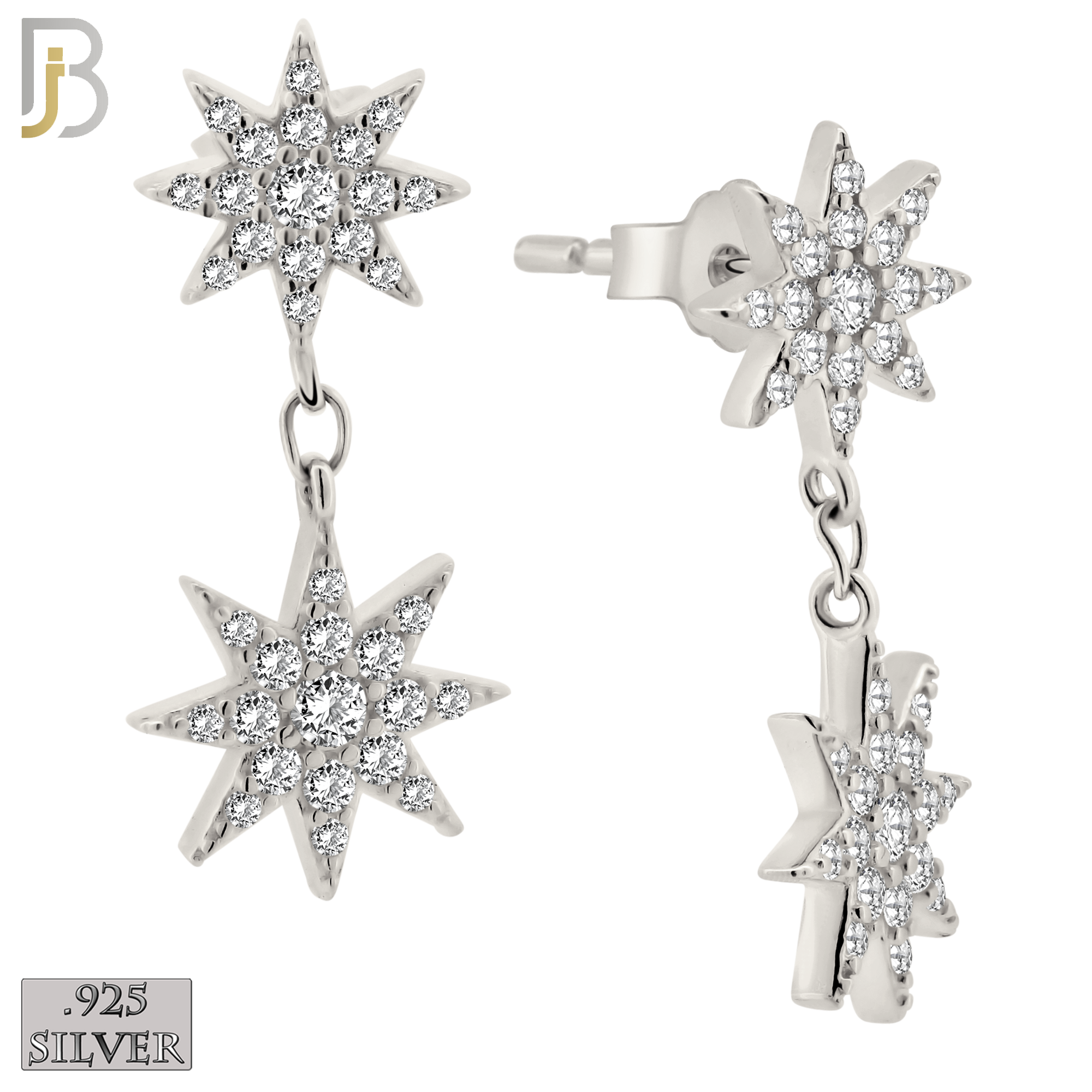 925-ES359 - .925 Sterling Silver Dangling Double Starburst with CZ Stud Earrings image 1
