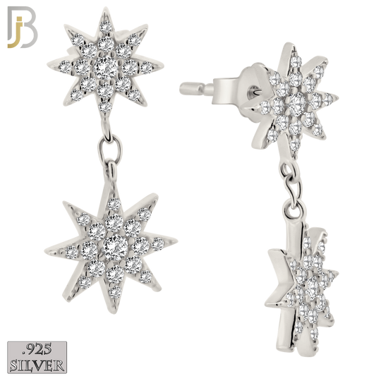 925-ES359 - .925 Sterling Silver Dangling Double Starburst with CZ Stud Earrings image 1