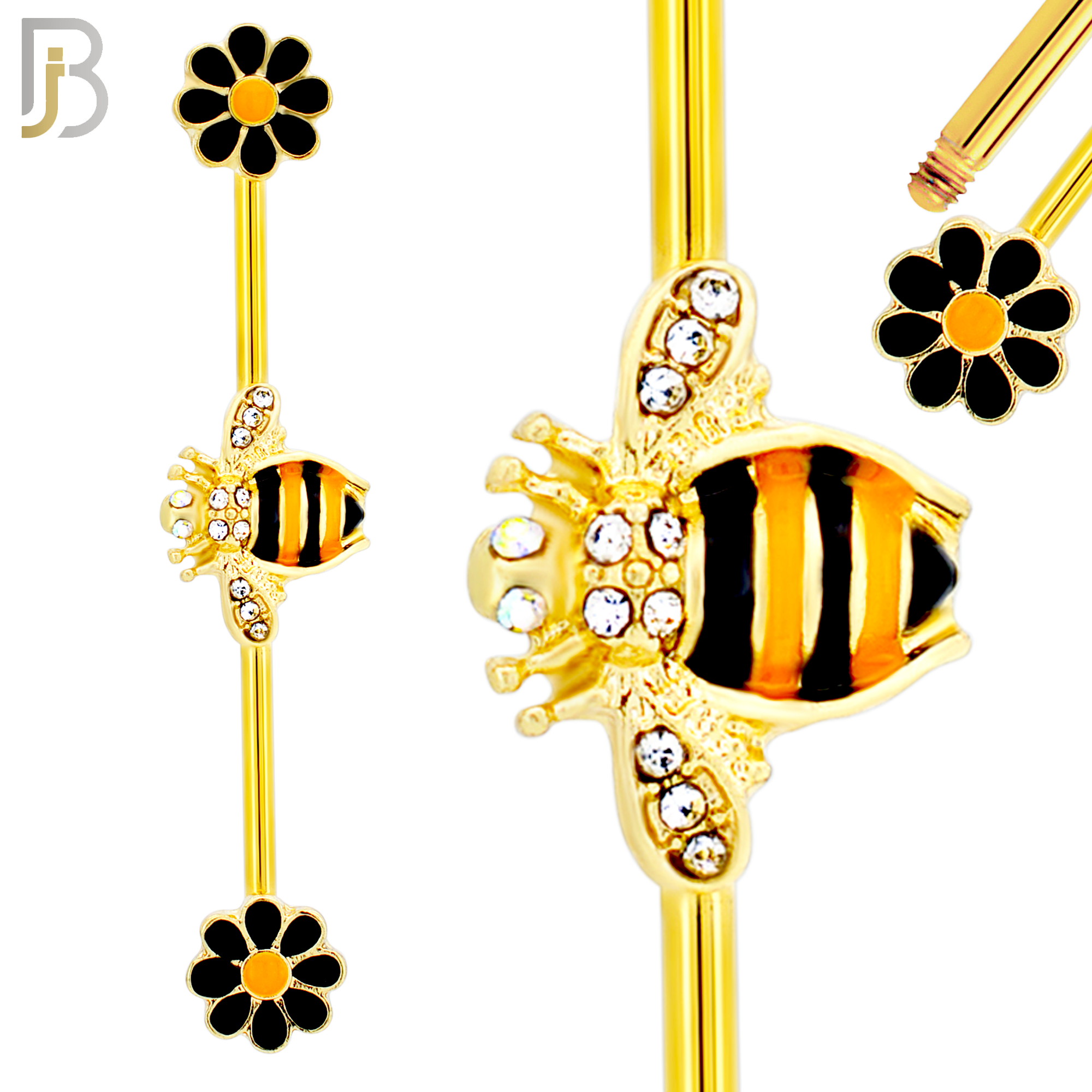 BB20 - 316L Surgical Steel Screw Bar Bee with Flower Design with Zircon Barbell Industrial (PACK OF 4) image 2