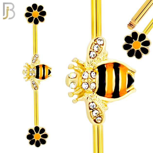 BB20 - 316L Surgical Steel Screw Bar Bee with Flower Design with Zircon Barbell Industrial (PACK OF 4) image 2