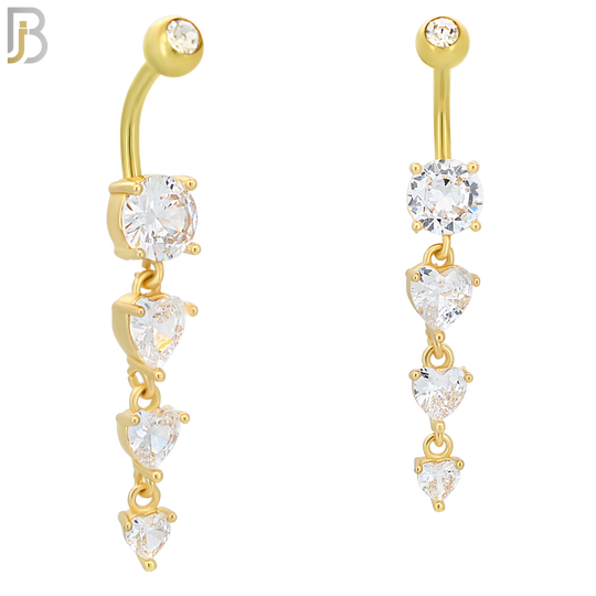 N091  - 316L Stainless Steel Round Zircon with Dangling Line of Heart Shaped Zircon Belly Ring image 2