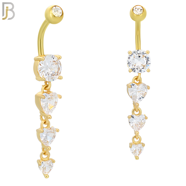 N091  - 316L Stainless Steel Round Zircon with Dangling Line of Heart Shaped Zircon Belly Ring image 2