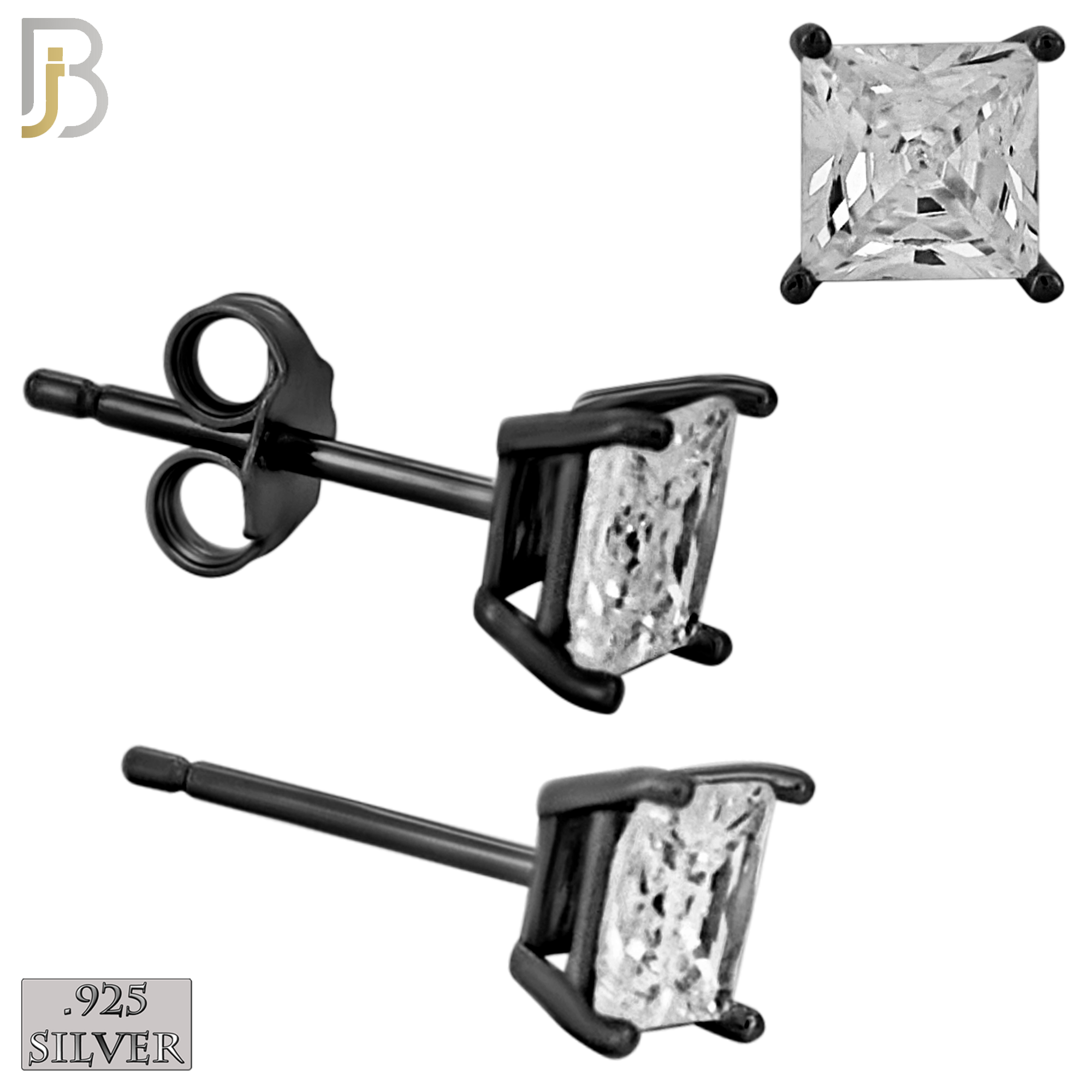 925-ES72-KC - .925 Sterling Silver Black Plated Earring Stud Casting Square Princess Cut Prong Setting Clear Zircon image 4