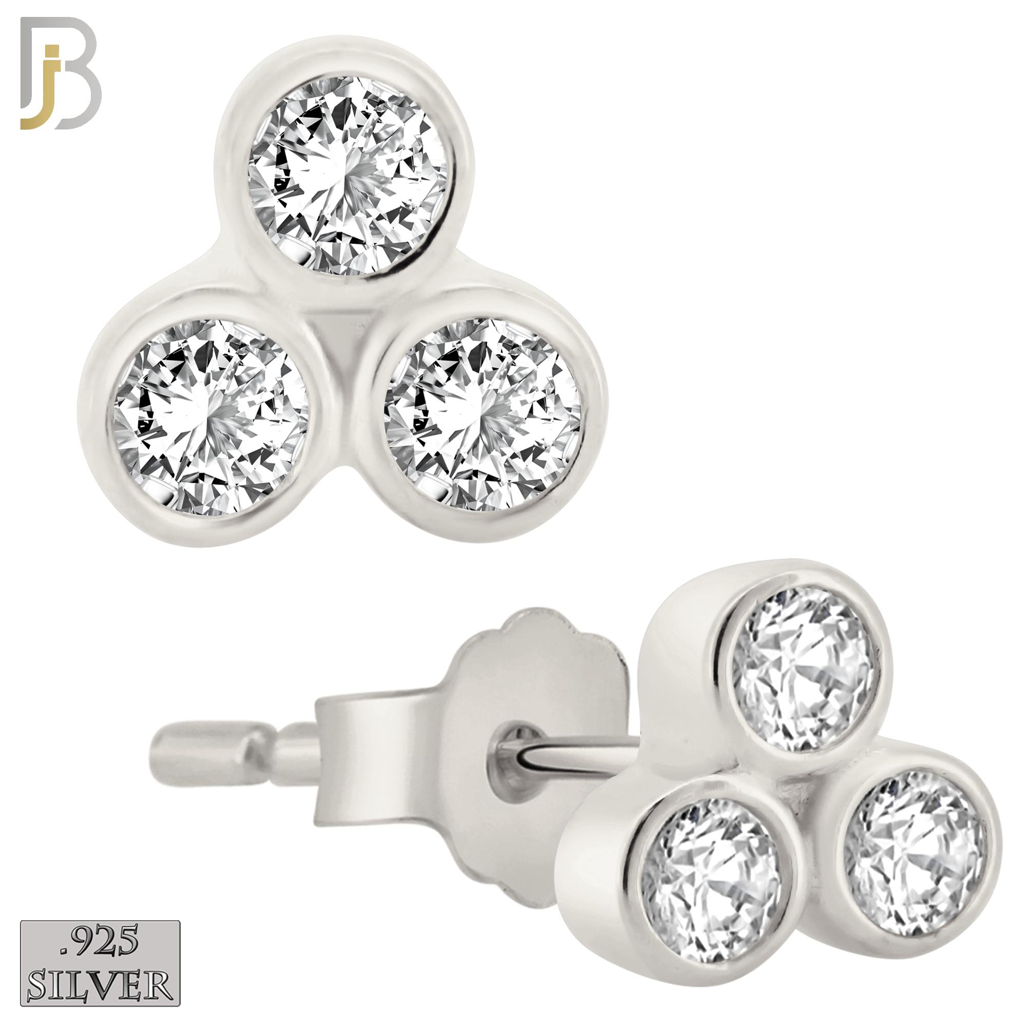 925-ES418 - Push Back - 925 Sterling Silver Three Bezel Set Round CZ in Triangle Stud Earrings image 0