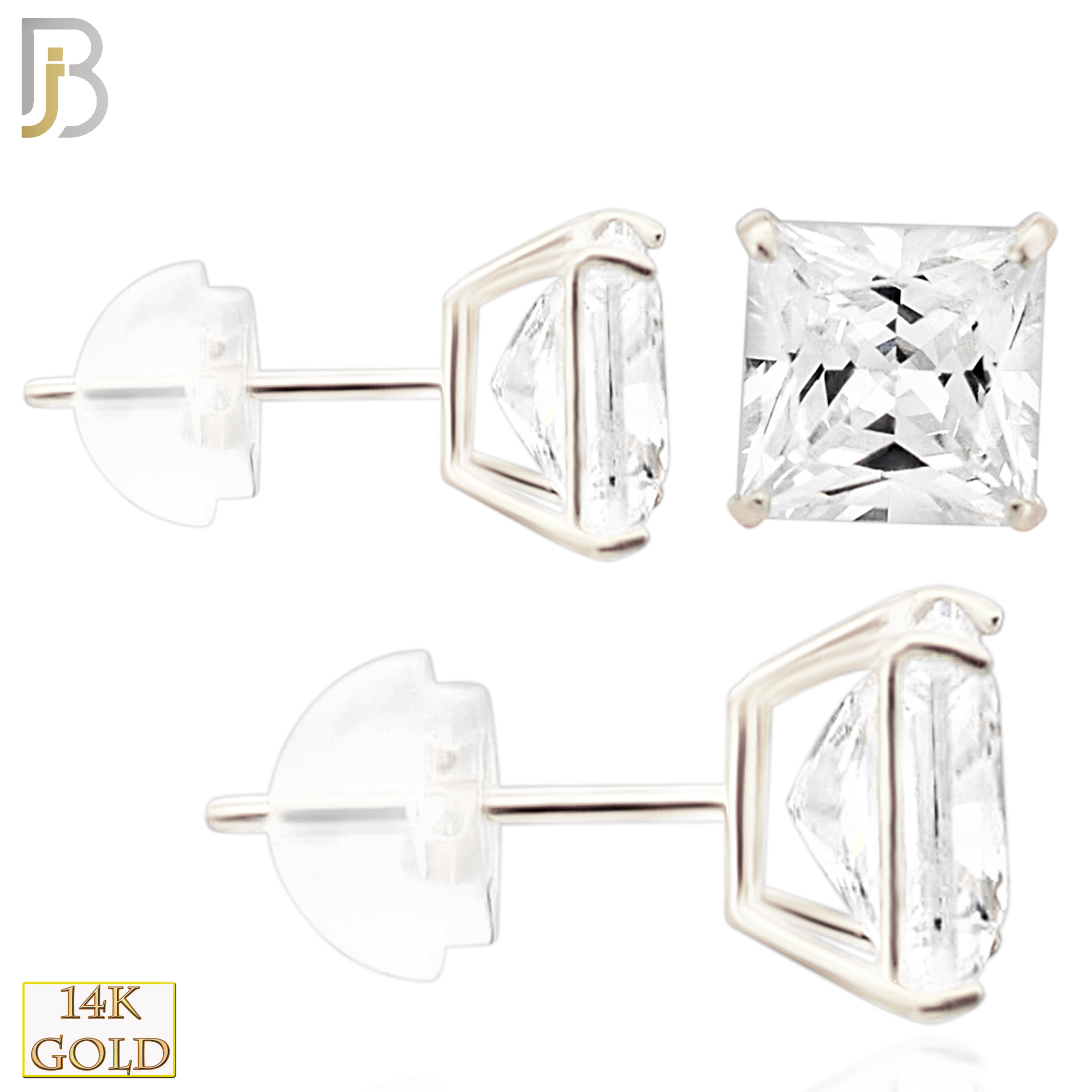 14-ES07WC - 14K White Gold Silicone Back Stud Earrings Casting Prong Setting with Square Clear Zircon image 0