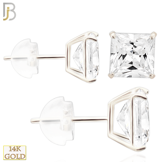 14-ES07WC - 14K White Gold Silicone Back Stud Earrings Casting Prong Setting with Square Clear Zircon image 0