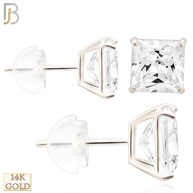 14-ES07WC - 14K White Gold Silicone Back Stud Earrings Casting Prong Setting with Square Clear Zircon image 0