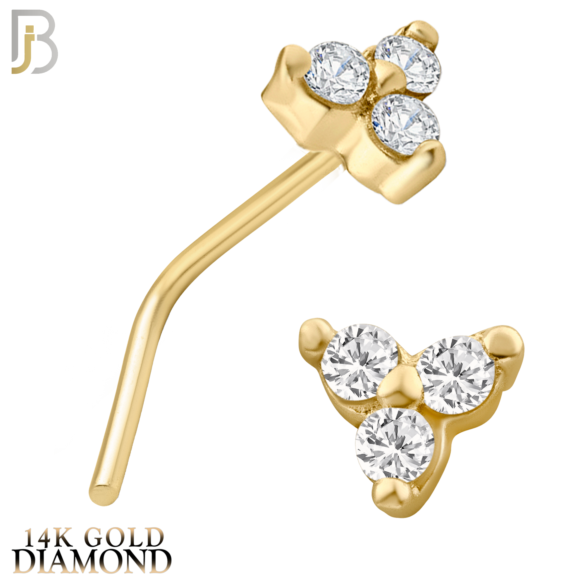 14-NR20LD - 14k Yellow Gold Prong Setting Three Stone Triangle L Shape Nose Stud with SI1 / G Diamonds image 0