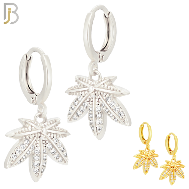 ES83 - 316L Stainless Steel Dangling Leaf with Zircon Design Huggies Clip On image 0