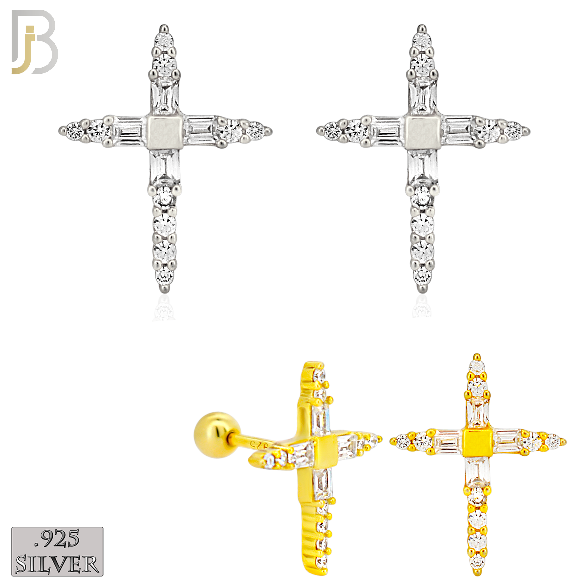 925-ES270-B - .925 Sterling Silver Pointed Cross with Zircon Design Earrings Screw Ball image 0