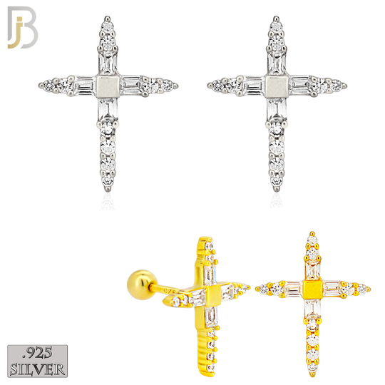 925-ES270-B - .925 Sterling Silver Pointed Cross with Zircon Design Earrings Screw Ball image 0